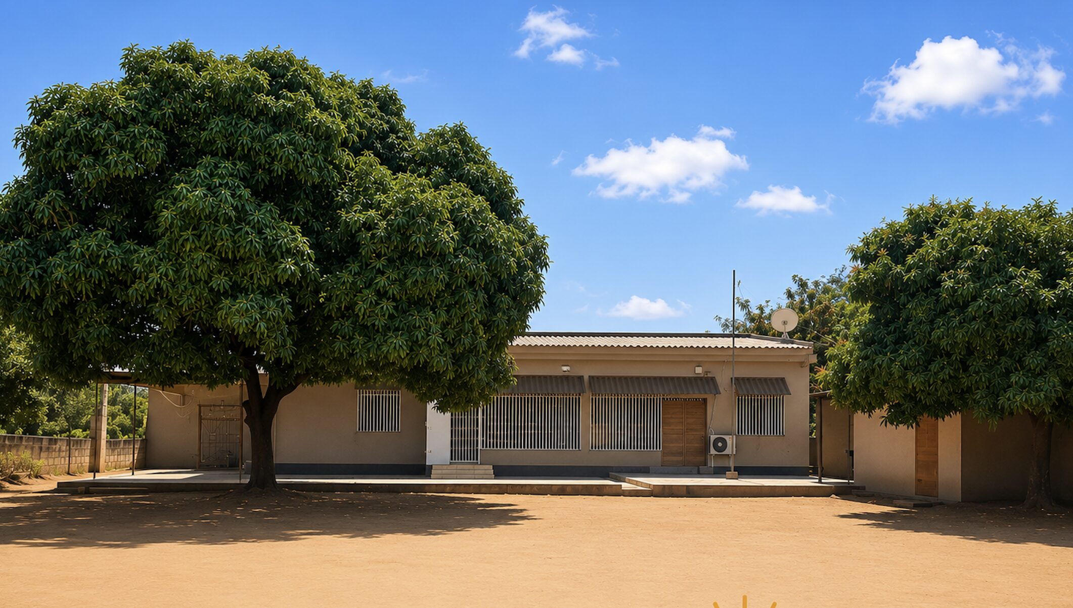 Exterior of the Starbridge academy in Tete, Mozambique, with shade trees and a red-earth courtyard
