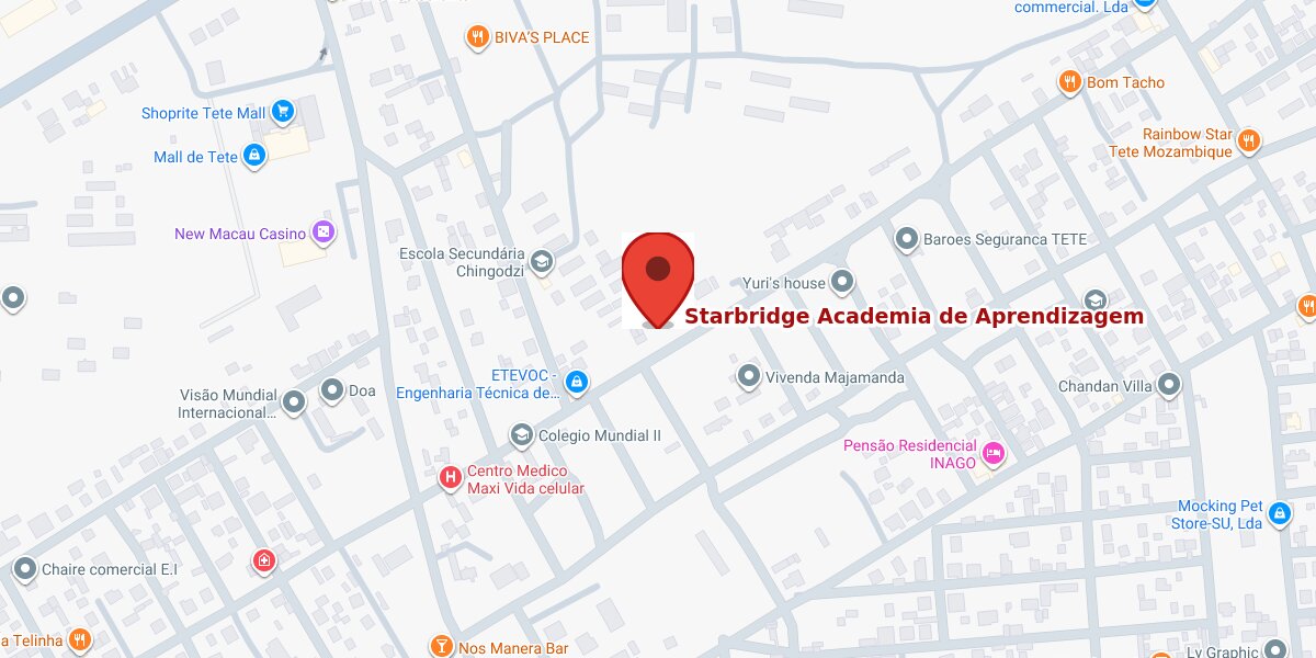 Map showing the location of the Starbridge academy in Bairro Chingodzi, Tete — tap for directions